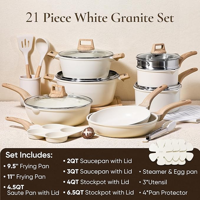 CAROTE White Granite Nonstick Pots and Pans Set